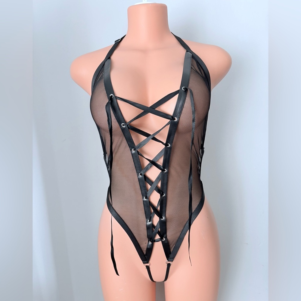 Edgy Black Lace-Up Mesh Bodysuit